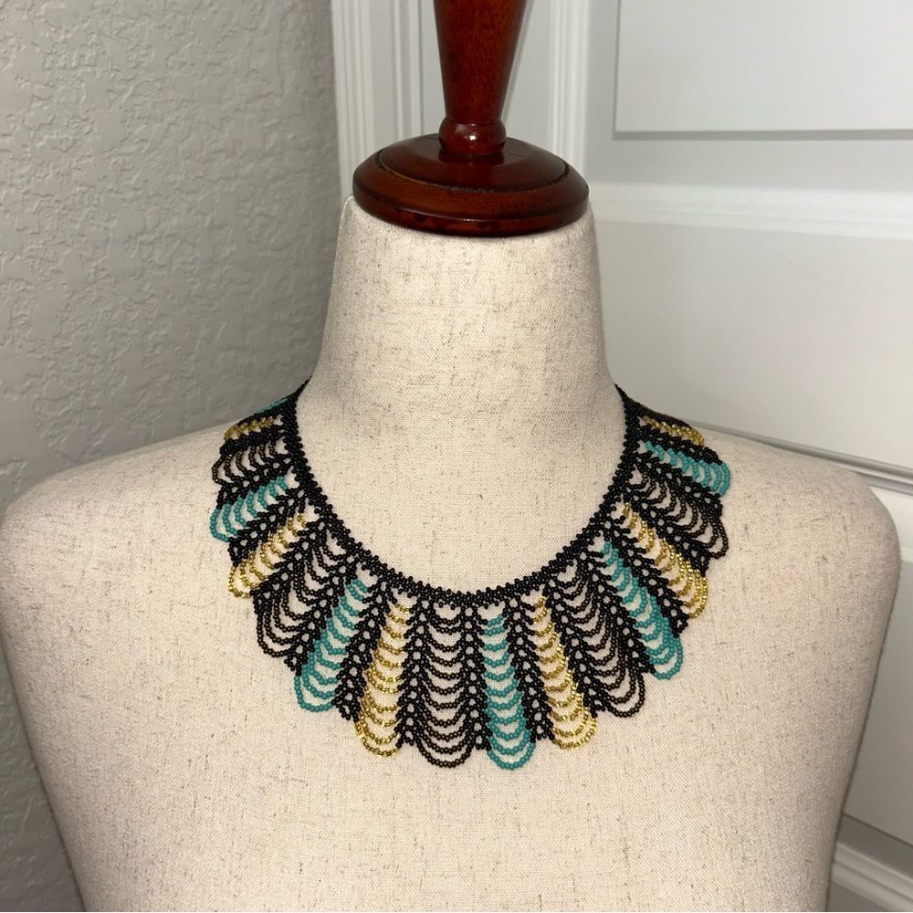 Hamaca Beaded Statement “Peacock” Magnetic Clasp Closure Bib Necklace